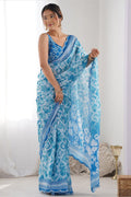 Elegant Georgette Saree | Sky Blue Floral Party Wear PR