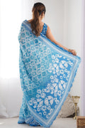 Elegant Georgette Saree | Sky Blue Floral Party Wear PR
