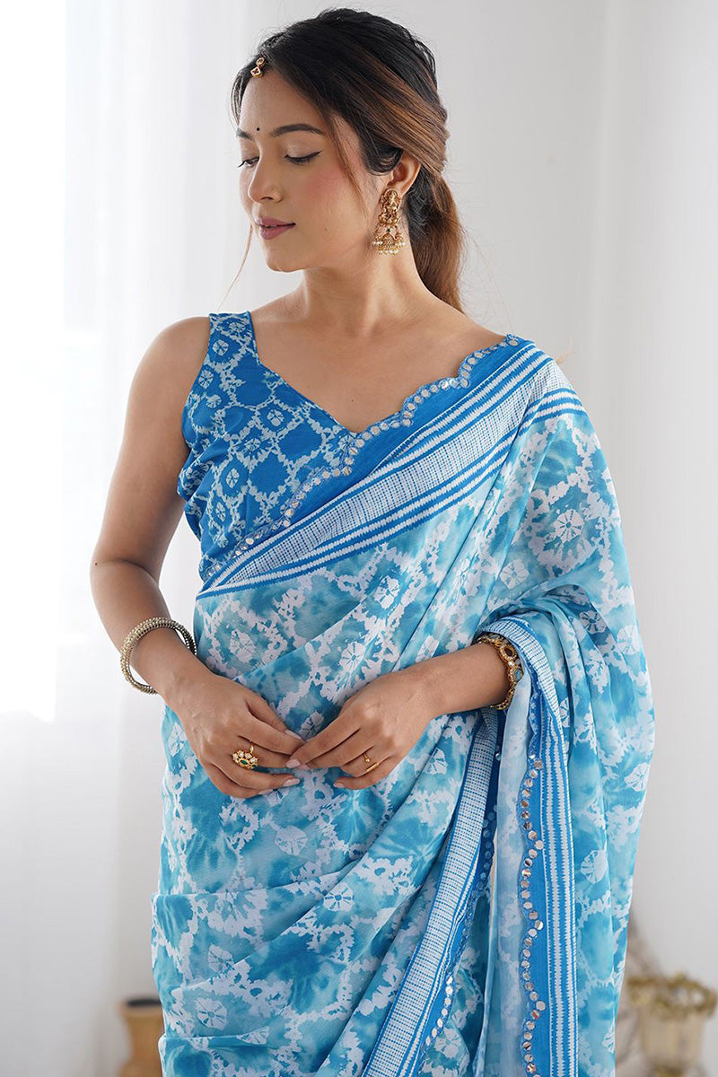 Elegant Georgette Saree | Sky Blue Floral Party Wear PR