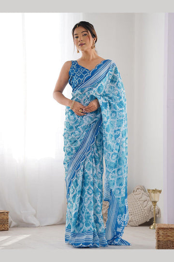 Elegant Georgette Saree | Sky Blue Floral Party Wear PR