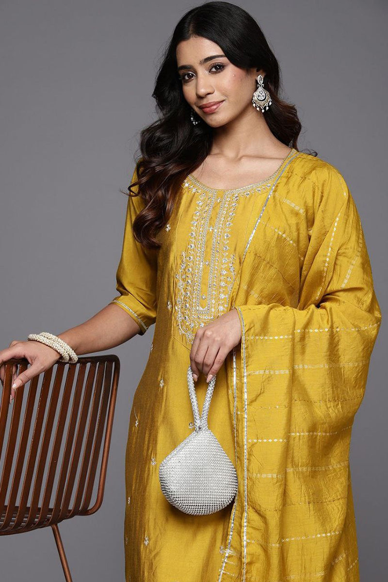 Elegant Mustard Yellow Embroidered Silk-Look Kurta Set with Dupatta & Trousers PR