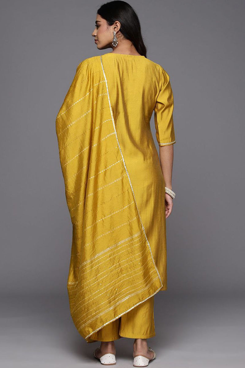 Elegant Mustard Yellow Embroidered Silk-Look Kurta Set with Dupatta & Trousers PR