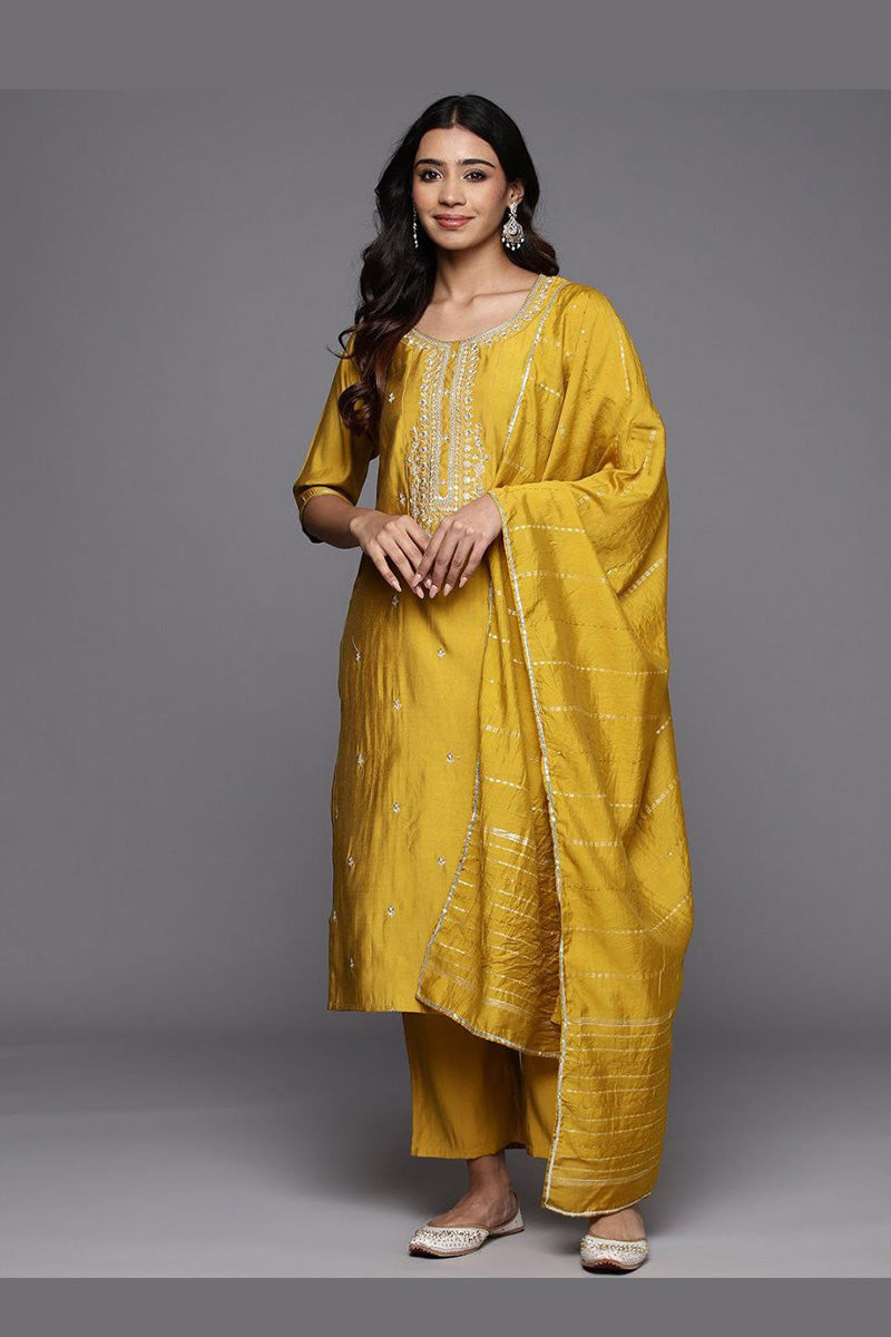 Elegant Mustard Yellow Embroidered Silk-Look Kurta Set with Dupatta & Trousers PR