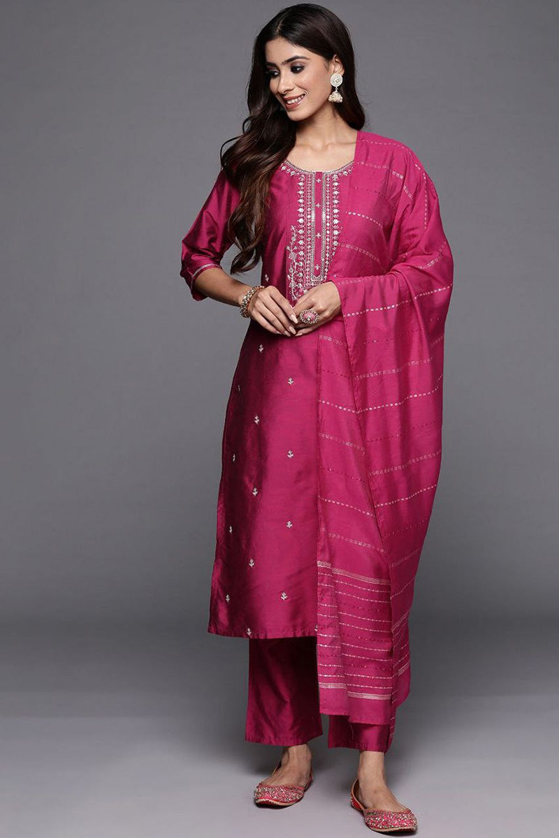 Pink Embroidered Silk-Look Kurta Set with Dupatta & Trousers PR