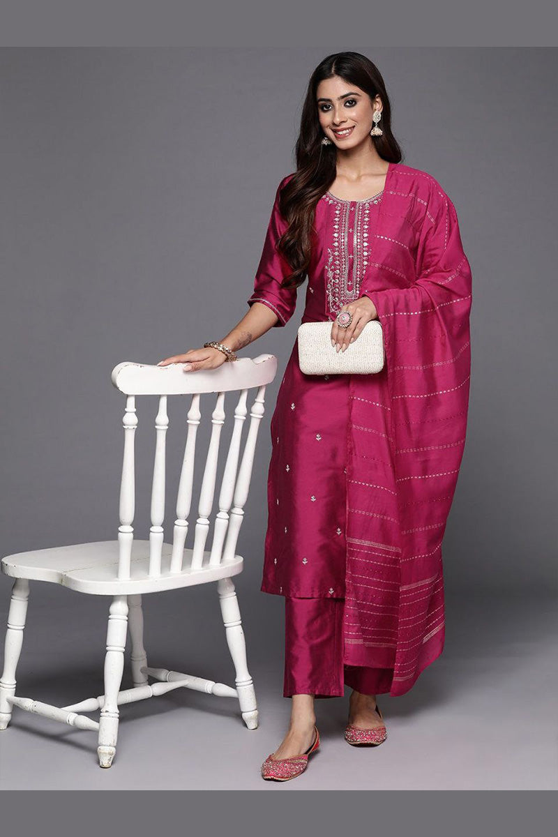 Pink Embroidered Silk-Look Kurta Set with Dupatta & Trousers PR