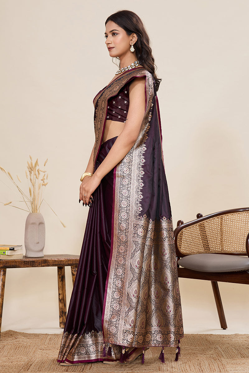 Elegant Coffee Banarasi Silk Saree with Zari Woven Border & Pallu PR