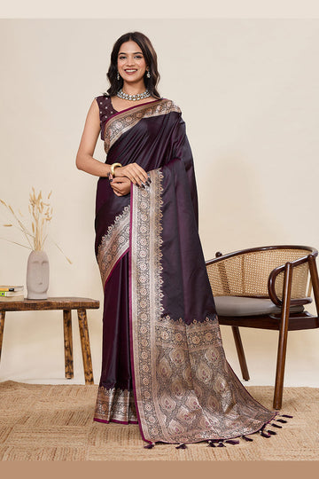 Elegant Coffee Banarasi Silk Saree with Zari Woven Border & Pallu PR