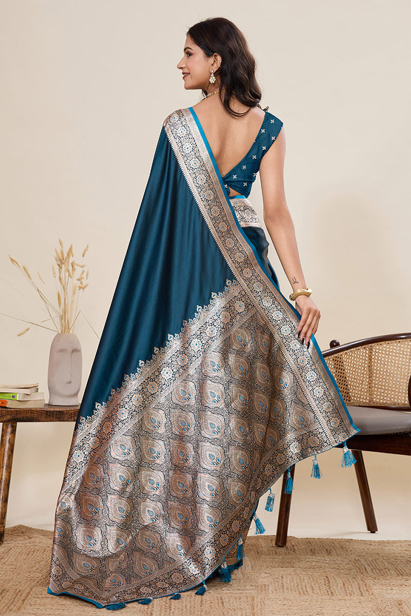 Designer Rama Green Banarasi Saree with Rich Zari Embroidery & Tasselled Pallu PR