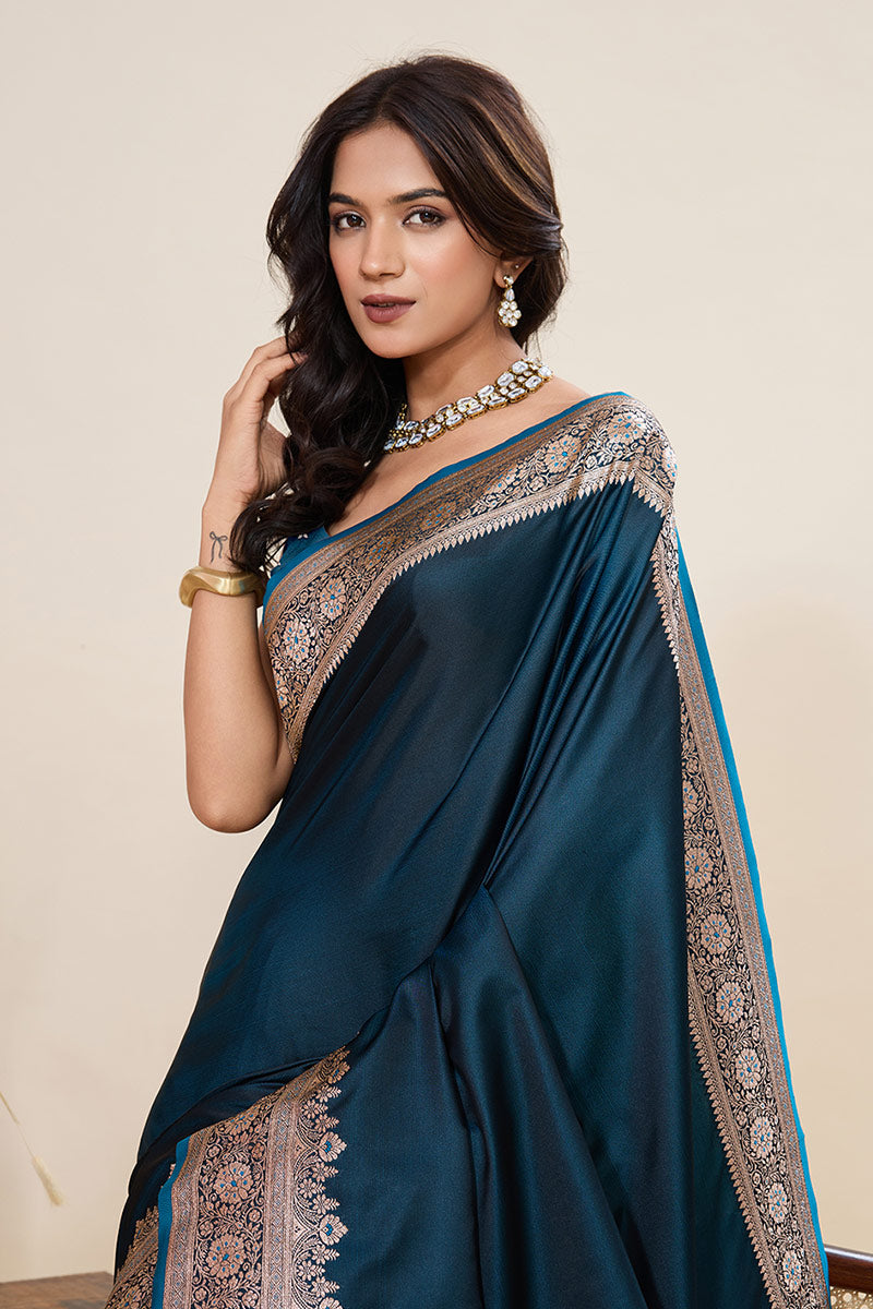 Designer Rama Green Banarasi Saree with Rich Zari Embroidery & Tasselled Pallu PR