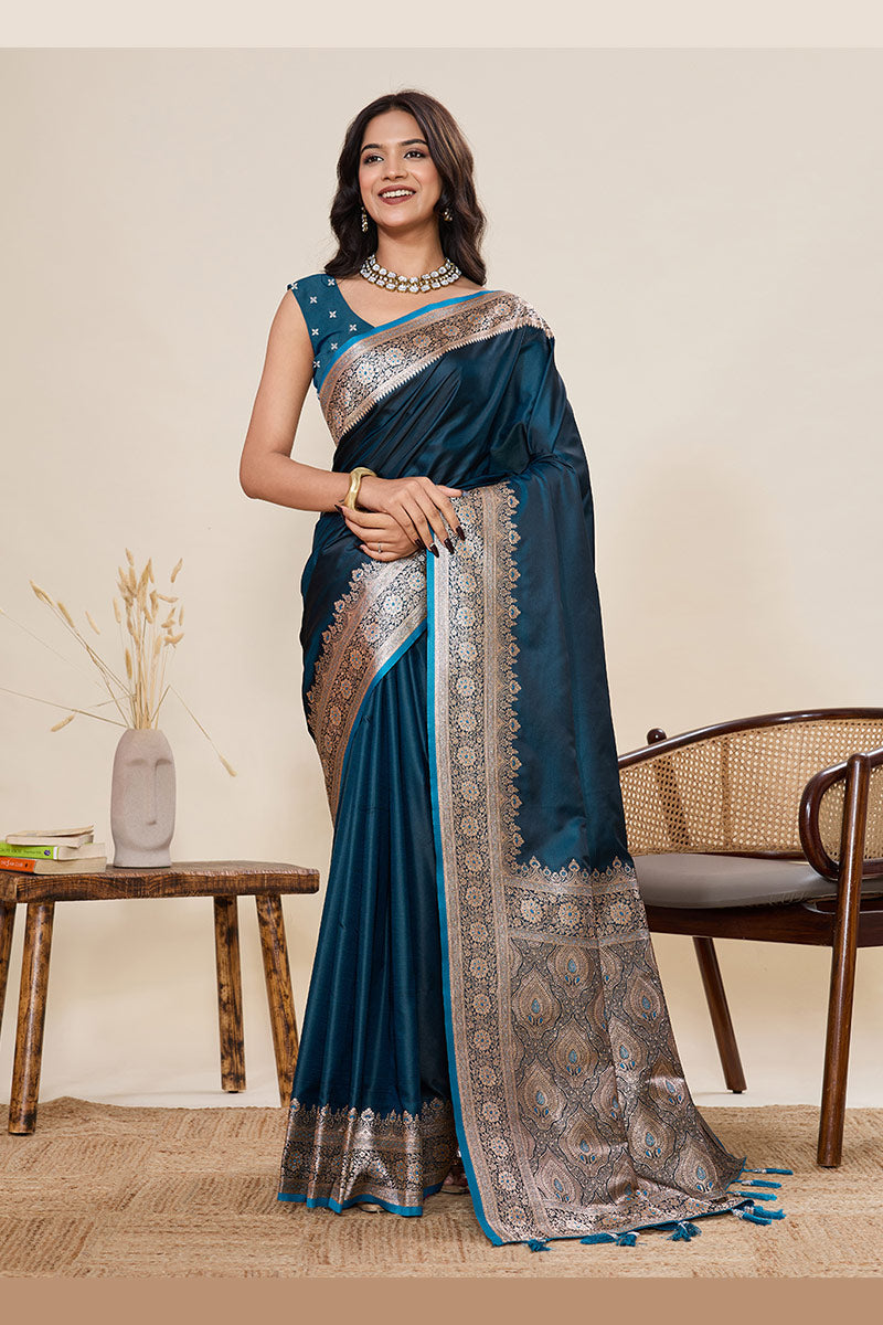 Designer Rama Green Banarasi Saree with Rich Zari Embroidery & Tasselled Pallu PR