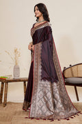 Elegant Deep Brown Banarasi Silk Saree Featuring Zari Woven Detailing PR