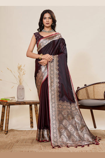 Elegant Deep Brown Banarasi Silk Saree Featuring Zari Woven Detailing PR