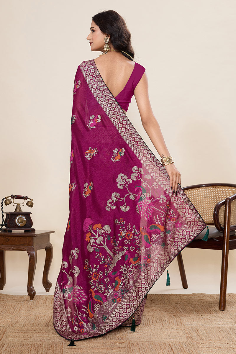 Elegant Purple Silk Embroidered Saree with Traditional Motifs PR