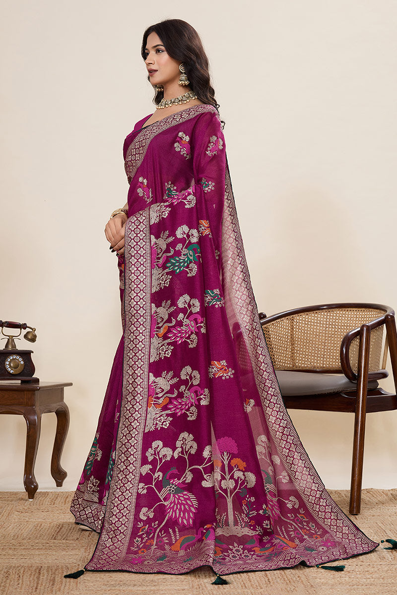 Elegant Purple Silk Embroidered Saree with Traditional Motifs PR