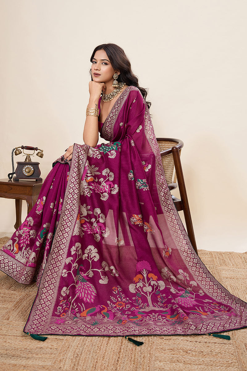 Elegant Purple Silk Embroidered Saree with Traditional Motifs PR