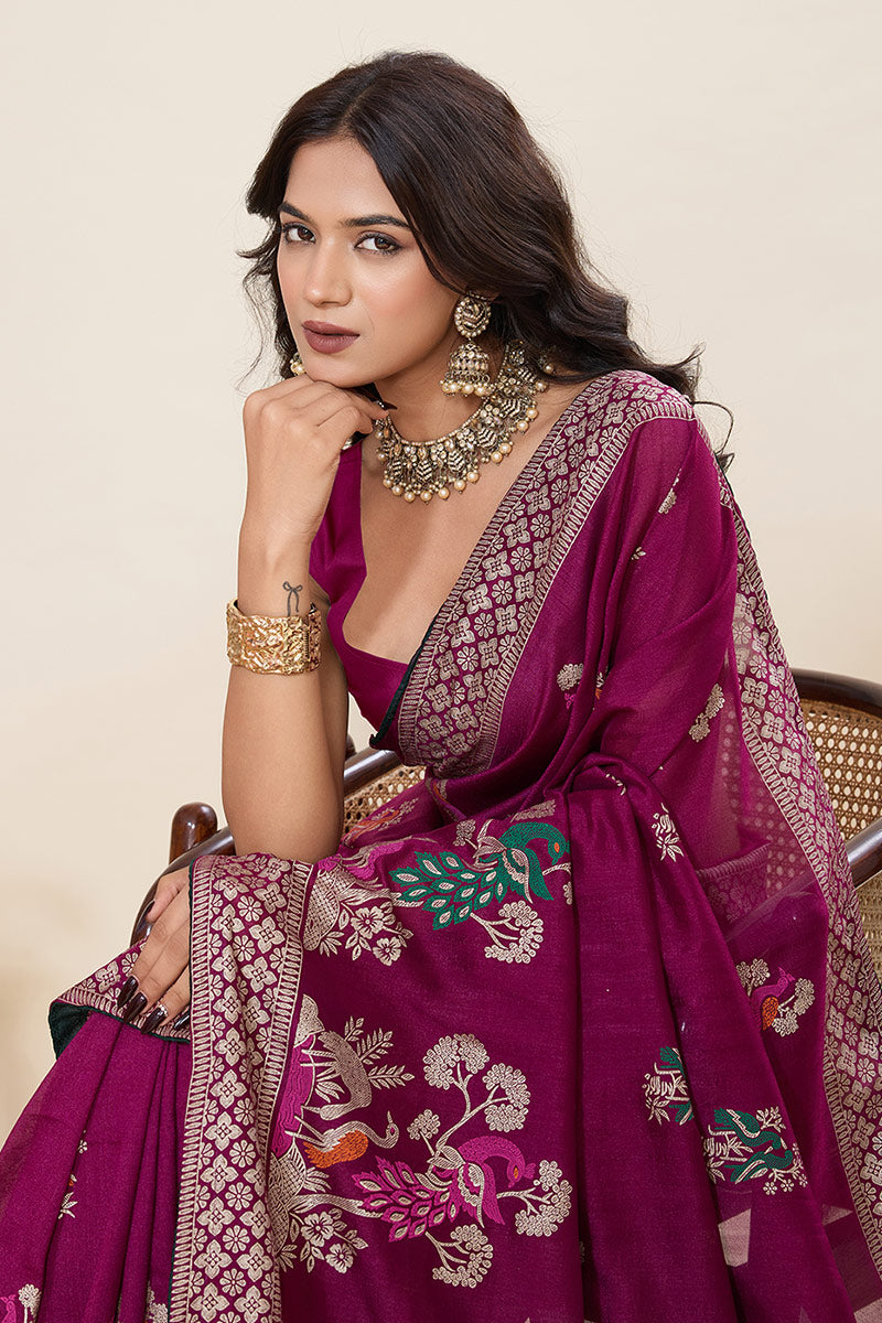 Elegant Purple Silk Embroidered Saree with Traditional Motifs PR