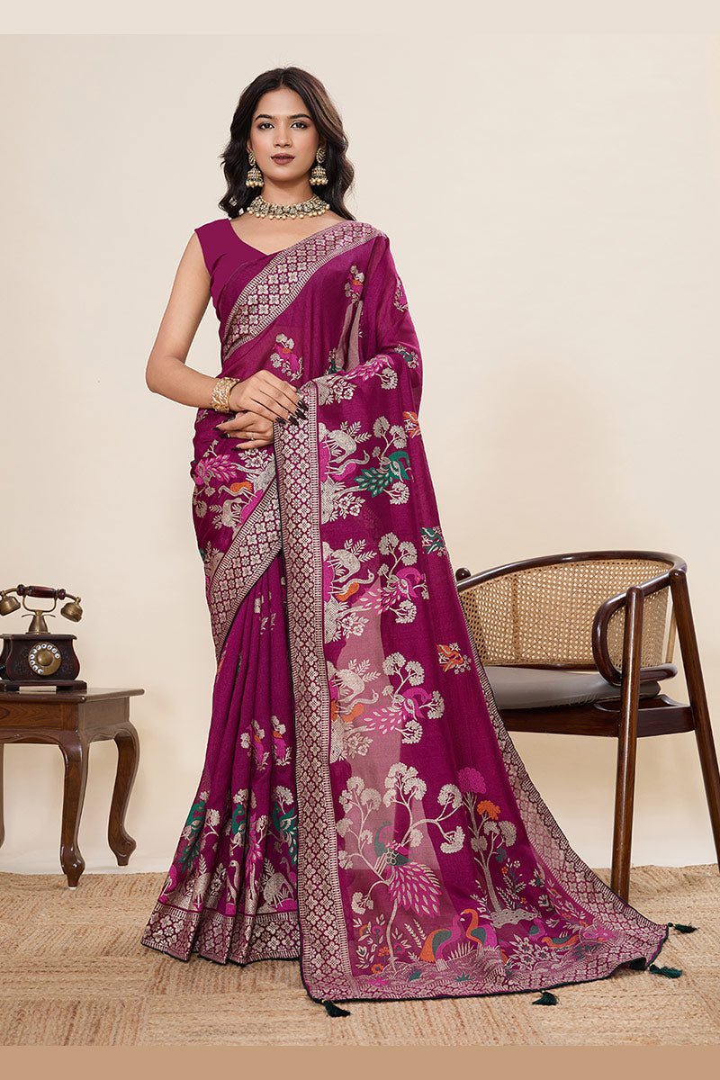Elegant Purple Silk Embroidered Saree with Traditional Motifs PR