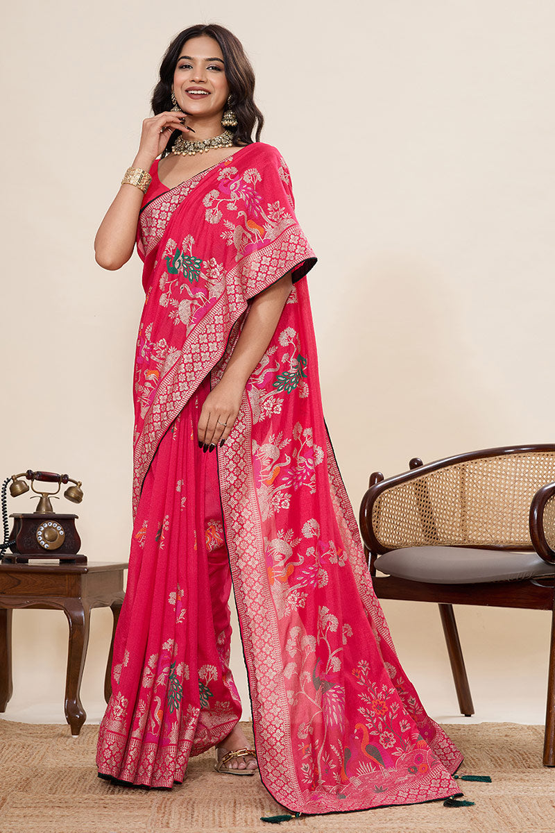 Traditional Indian Cotton Saree – Red with Foil Print PR
