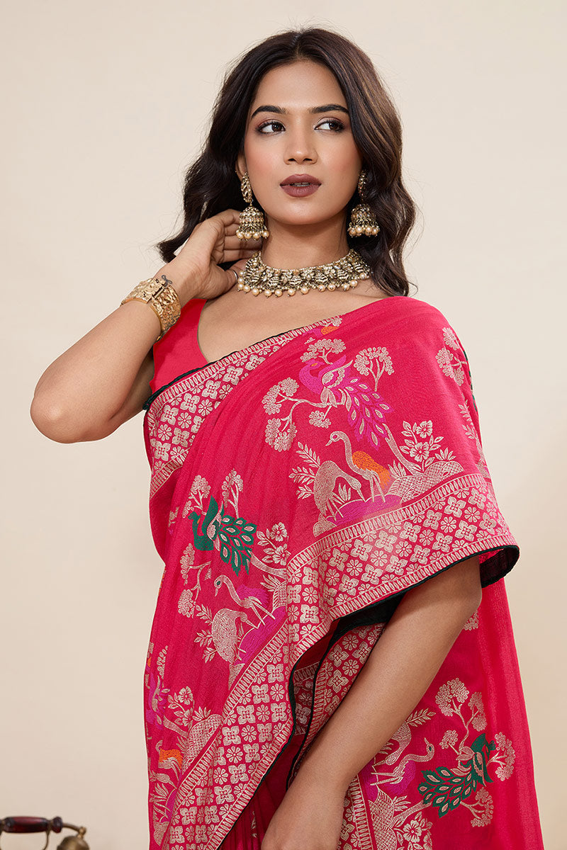 Traditional Indian Cotton Saree – Red with Foil Print PR