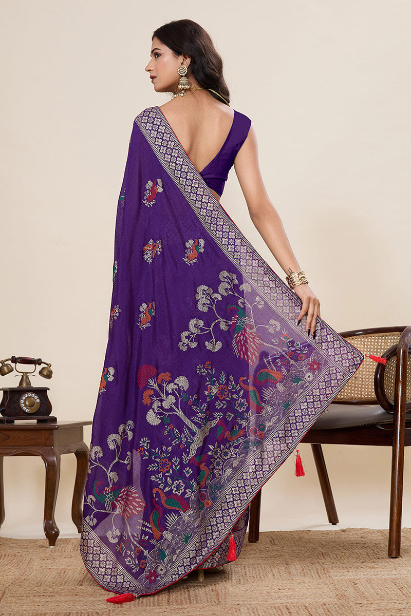 Party Wear Cotton Saree – Purple Color with Detailed Print work PR