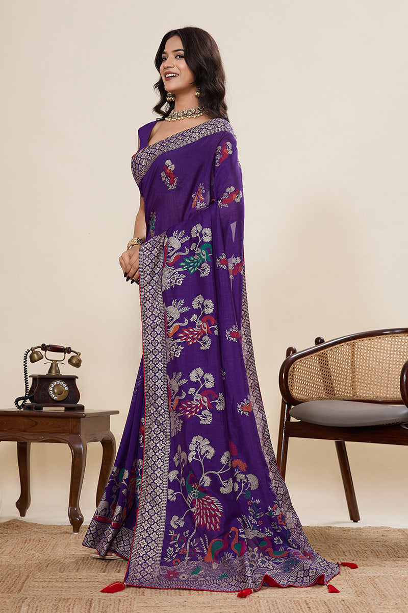 Party Wear Cotton Saree – Purple Color with Detailed Print work PR