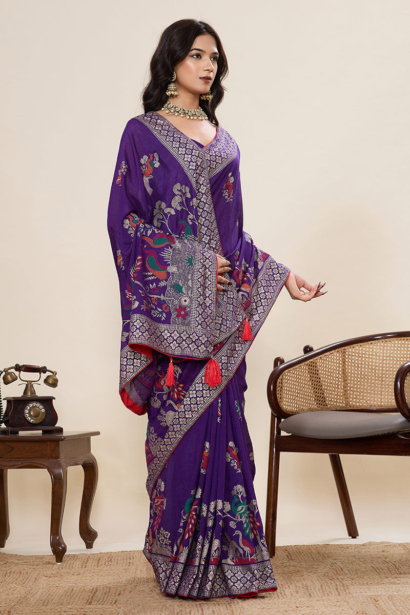 Party Wear Cotton Saree – Purple Color with Detailed Print work PR