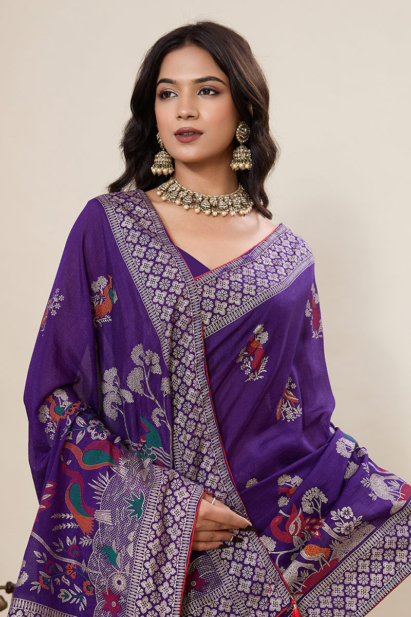 Party Wear Cotton Saree – Purple Color with Detailed Print work PR