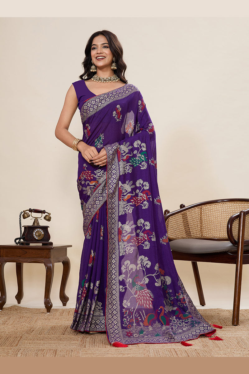 Party Wear Cotton Saree – Purple Color with Detailed Print work PR