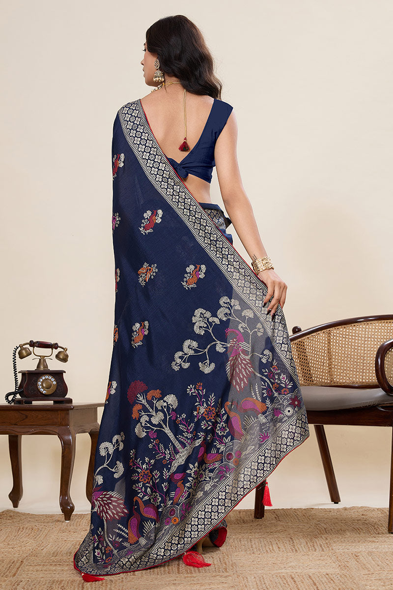 Traditional Cotton Saree – Blue Color with Detailed Print work PR