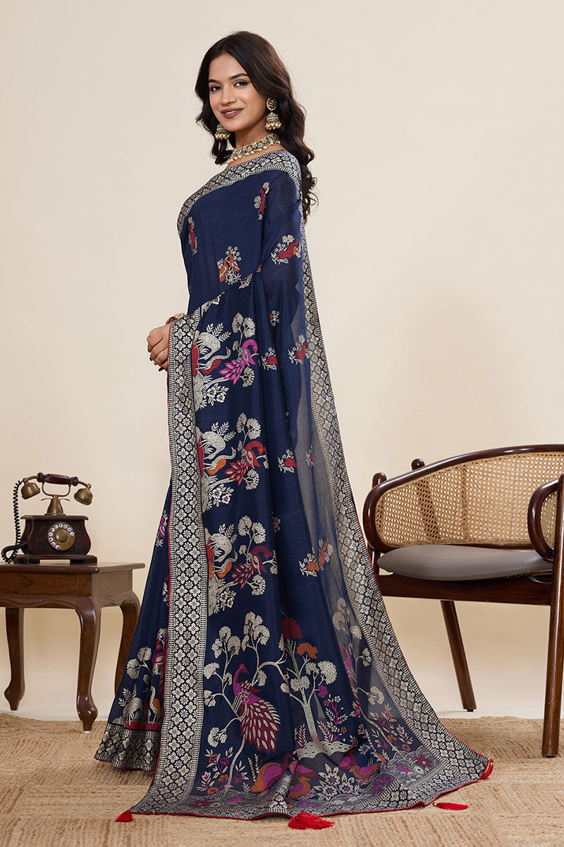 Traditional Cotton Saree – Blue Color with Detailed Print work PR