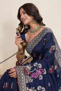 Traditional Cotton Saree – Blue Color with Detailed Print work PR