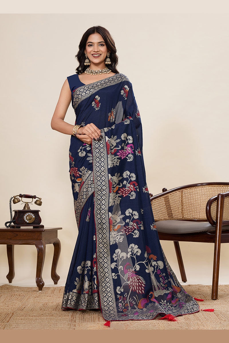 Traditional Cotton Saree – Blue Color with Detailed Print work PR