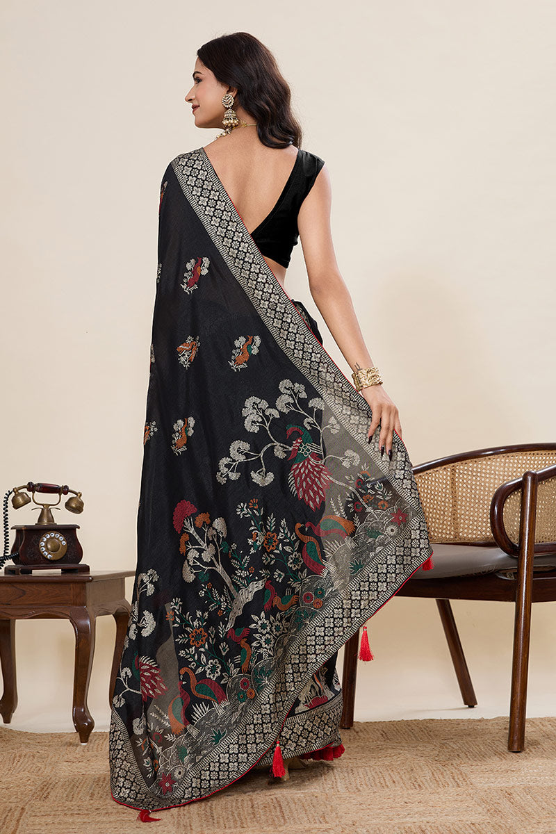 Black Designer Cotton Saree with Detailed Print work PR