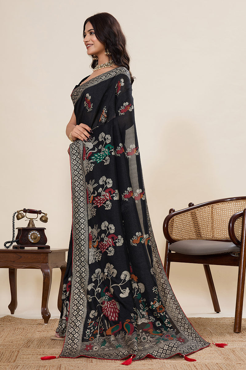 Black Designer Cotton Saree with Detailed Print work PR
