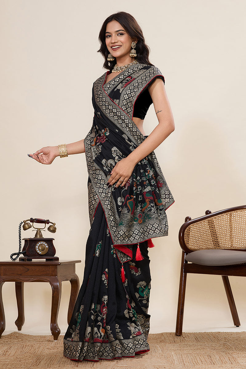 Black Designer Cotton Saree with Detailed Print work PR