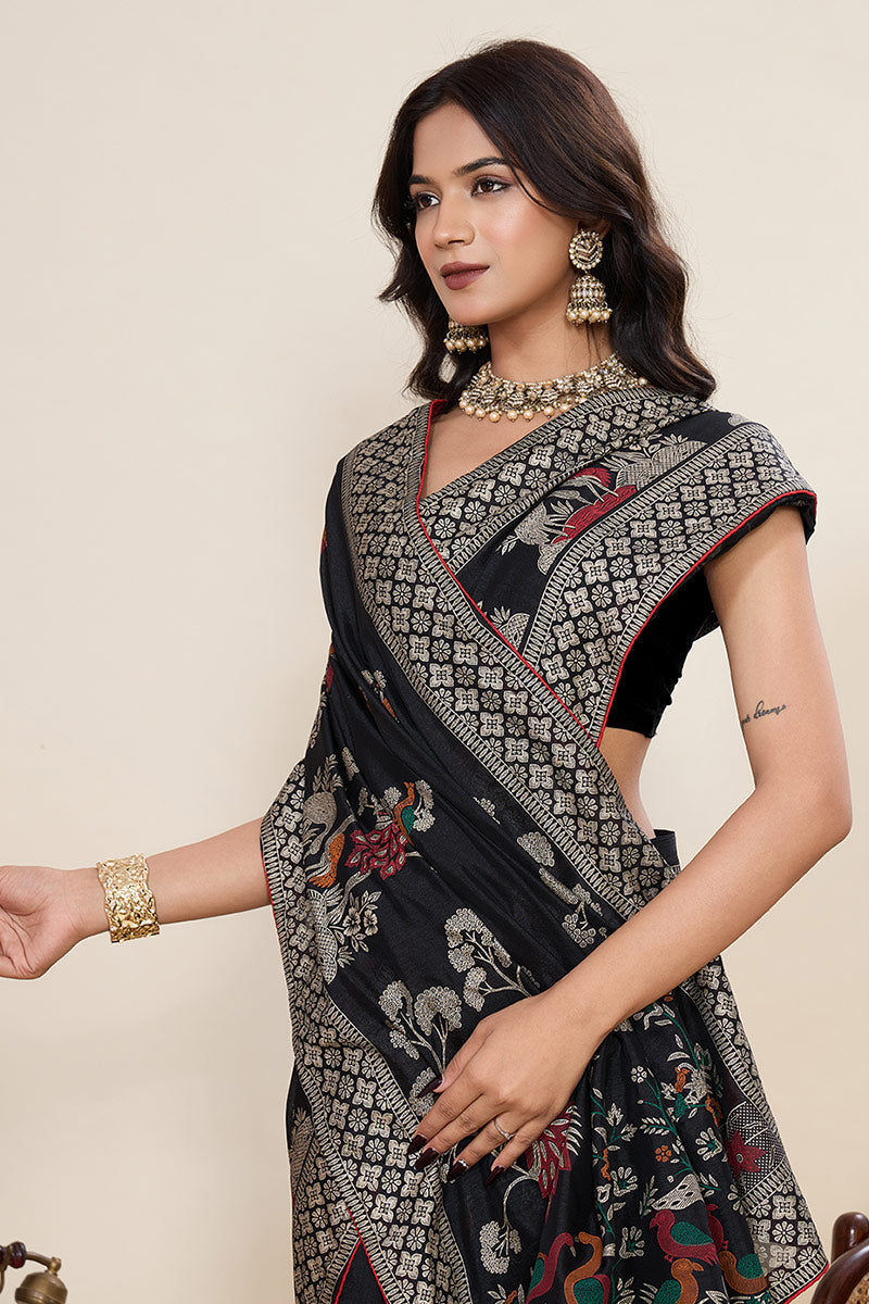 Black Designer Cotton Saree with Detailed Print work PR
