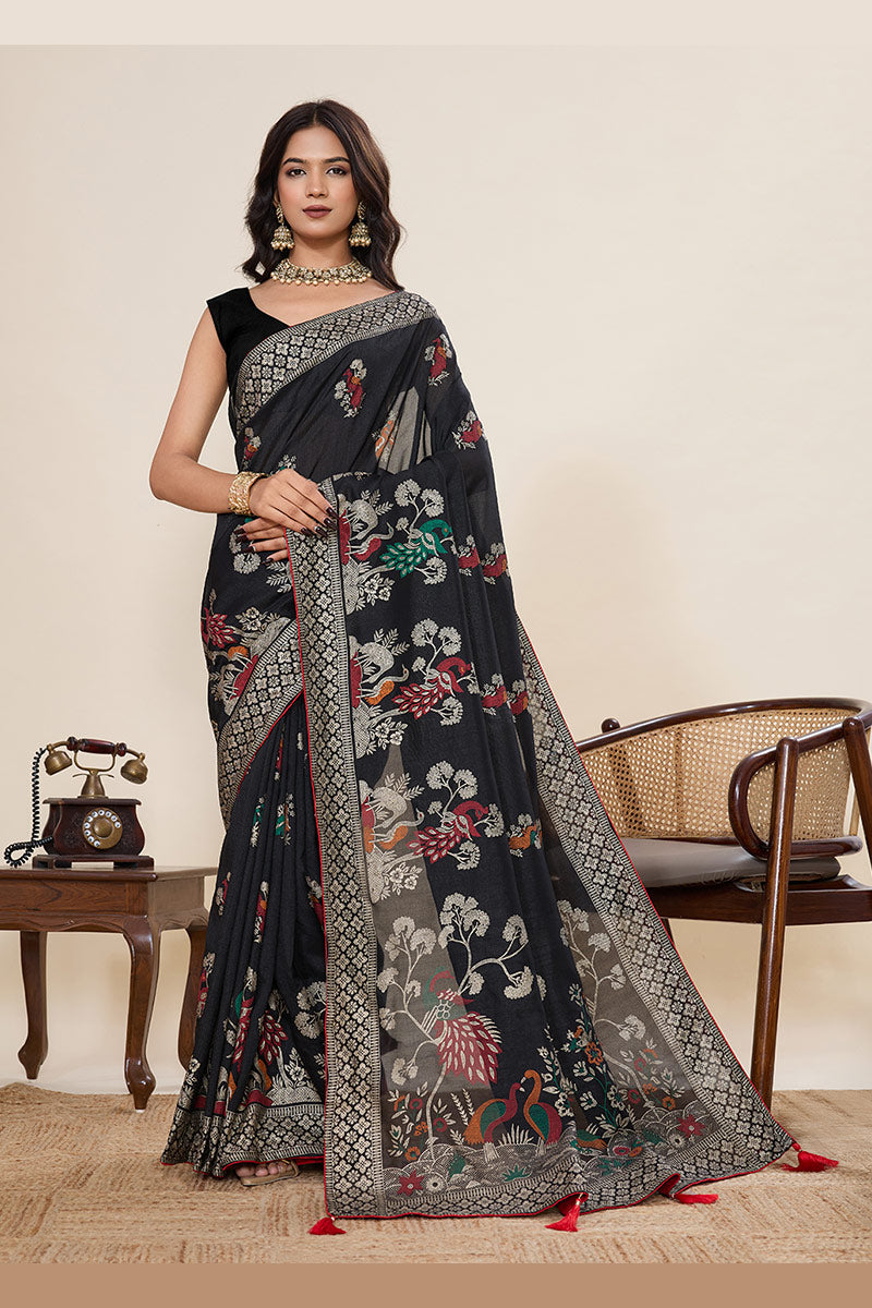 Black Designer Cotton Saree with Detailed Print work PR