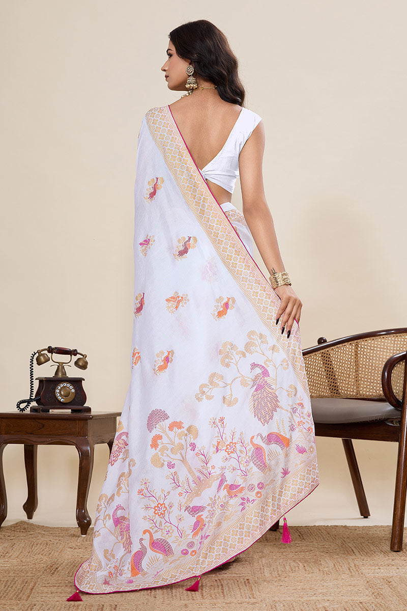 Twilight Elegance White Cotton Saree with Detailed Print work PR