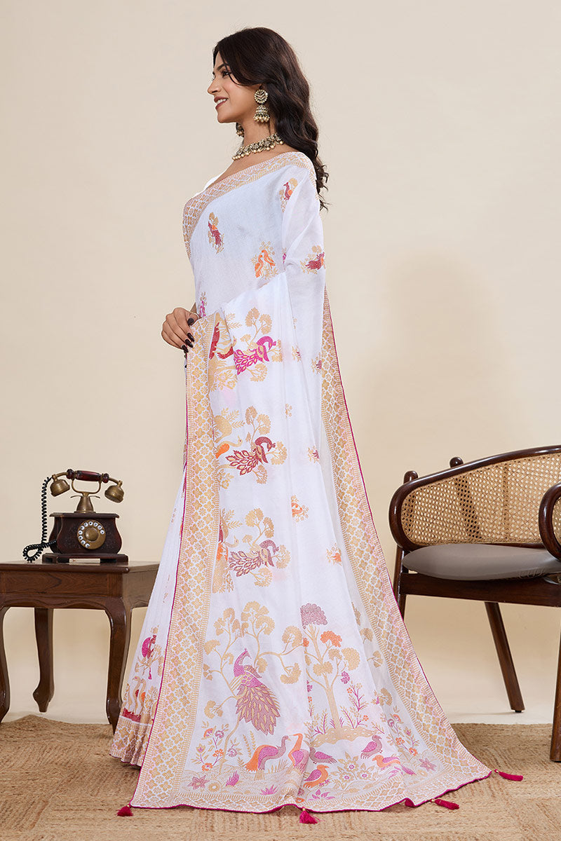 Twilight Elegance White Cotton Saree with Detailed Print work PR