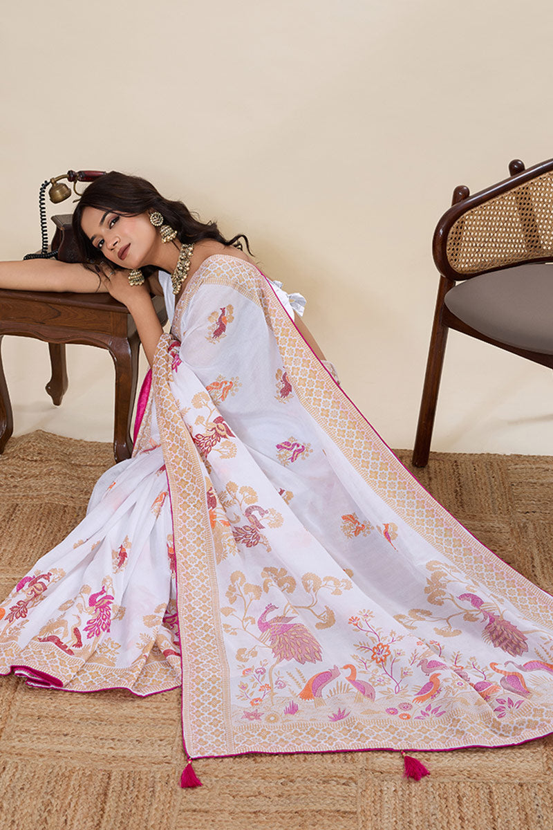 Twilight Elegance White Cotton Saree with Detailed Print work PR