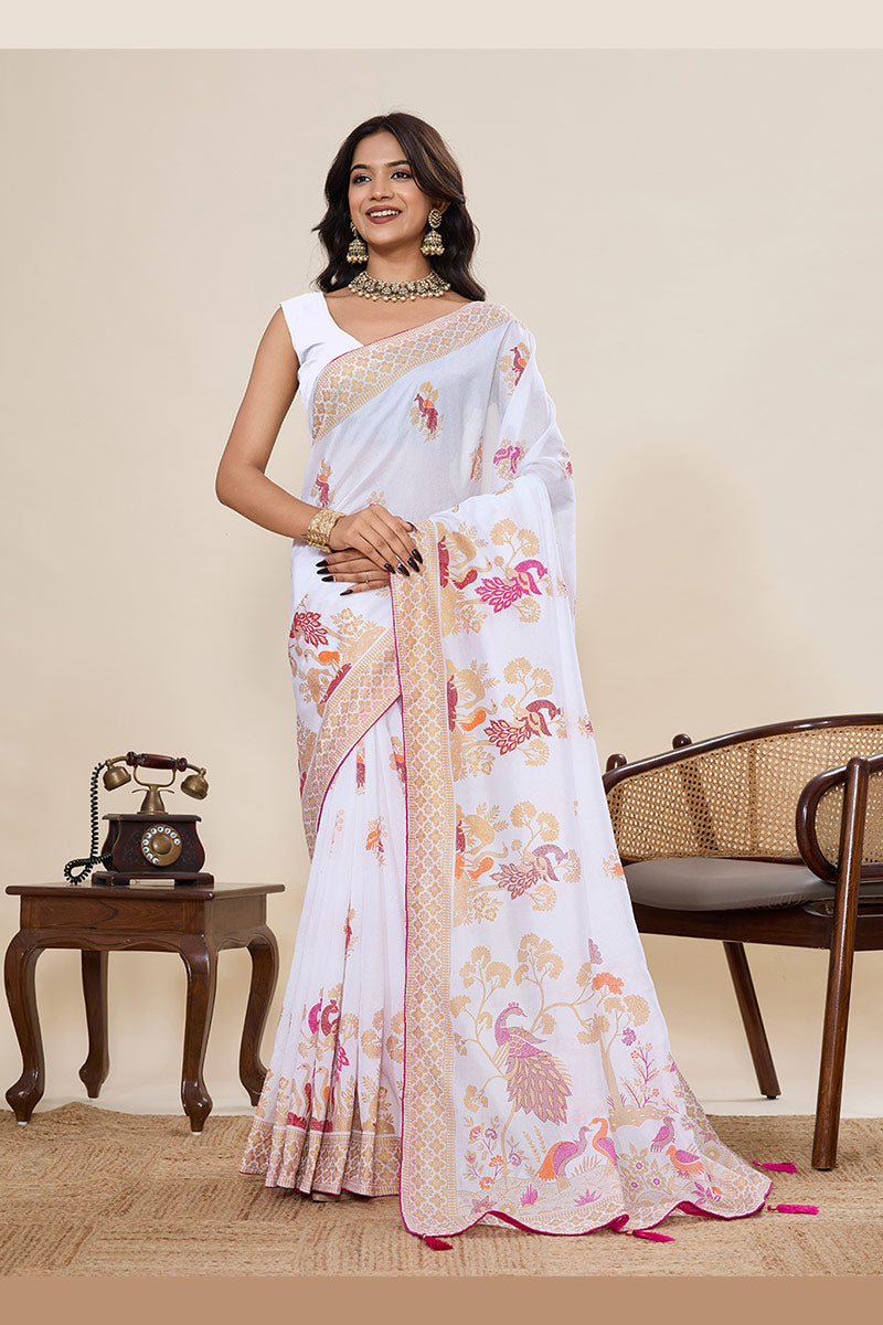 Twilight Elegance White Cotton Saree with Detailed Print work PR