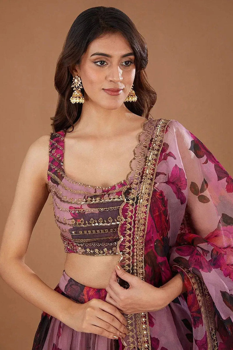 Elegant Floral Embroidered Mauve Lehenga Set PR