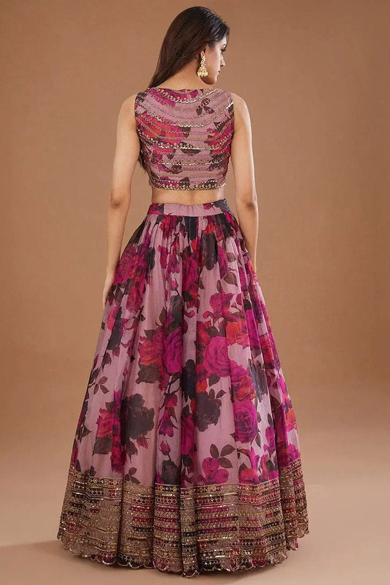 Elegant Floral Embroidered Mauve Lehenga Set PR