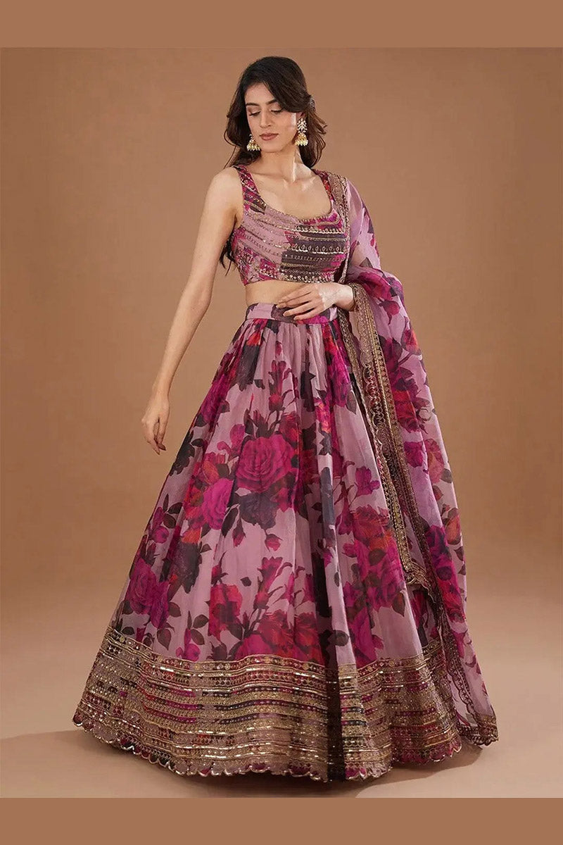 Elegant Floral Embroidered Mauve Lehenga Set PR