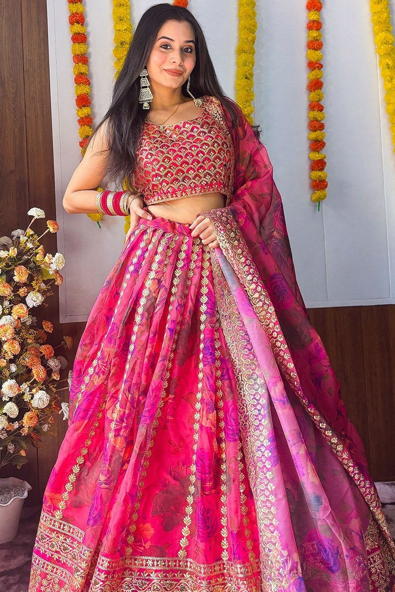 Rani Pink Organza Lehenga Set – Floral Embroidery & Dupatta PR