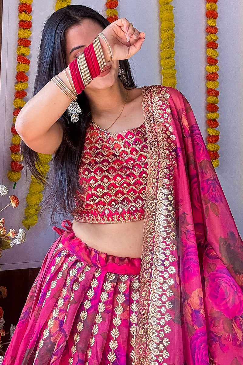 Rani Pink Organza Lehenga Set – Floral Embroidery & Dupatta PR