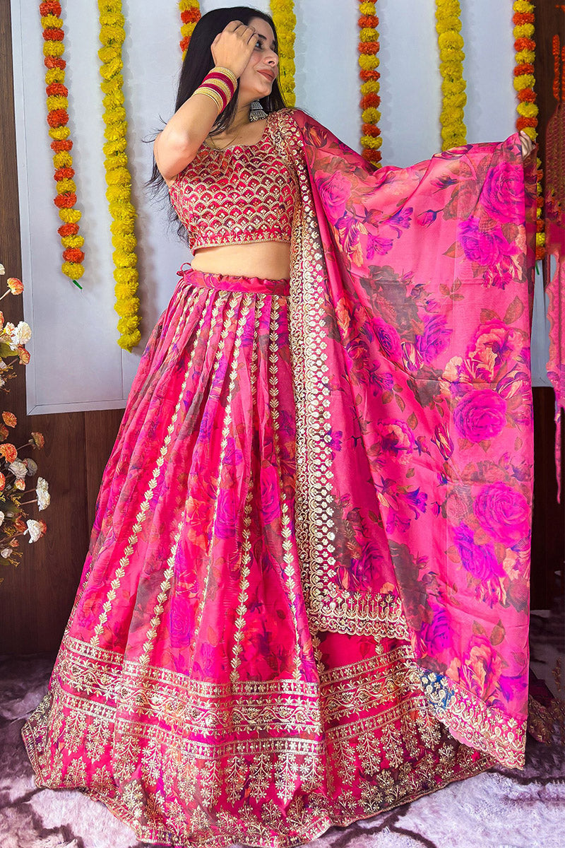 Rani Pink Organza Lehenga Set – Floral Embroidery & Dupatta PR