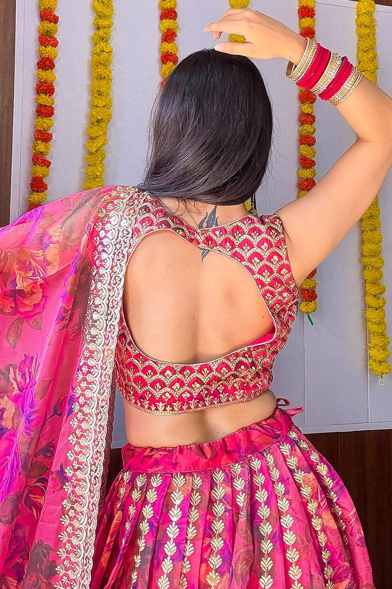 Rani Pink Organza Lehenga Set – Floral Embroidery & Dupatta PR