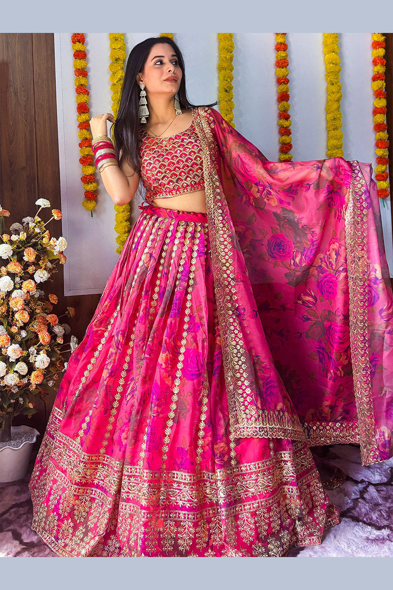 Rani Pink Organza Lehenga Set – Floral Embroidery & Dupatta PR