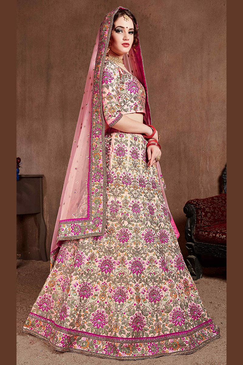 Embroidered Light Pink Silk Lehenga Set with Mirror & Sequin Detailing PR